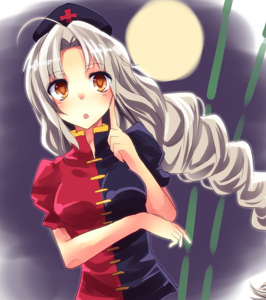 Anime picture 1326x1496 with touhou yagokoro eirin e-co single long hair tall image looking at viewer blush open mouth silver hair ahoge braid (braids) orange eyes single braid girl moon full moon nurse cap