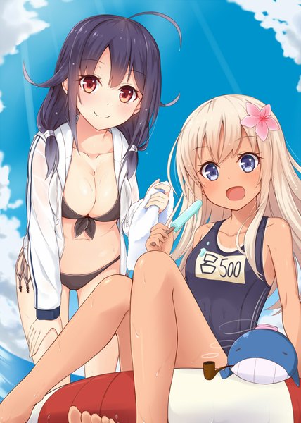 Anime picture 714x1000 with kantai collection ro-500 submarine taigei light aircraft carrier takehana note long hair tall image looking at viewer blush fringe breasts open mouth blue eyes light erotic black hair blonde hair smile red eyes large breasts twintails multiple girls