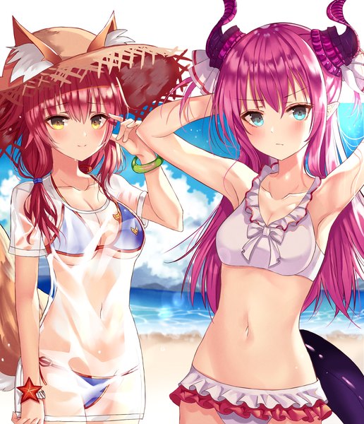 Anime picture 4300x5000 with fate (series) fate/grand order fate/extra fate/extra ccc tamamo (fate) (all) elizabeth bathory (fate) (all) tamamo no mae (swimsuit lancer) (fate) elizabeth bathory (fate) shaffelli long hair tall image looking at viewer fringe highres breasts blue eyes light erotic smile hair between eyes standing