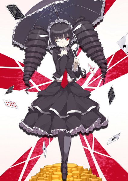 Anime picture 1061x1500 with dangan ronpa celestia ludenberg kuroito (snowflyer) single tall image black hair red eyes twintails full body one eye closed wink drill hair frilly skirt girl thighhighs skirt black thighhighs necktie frills headdress