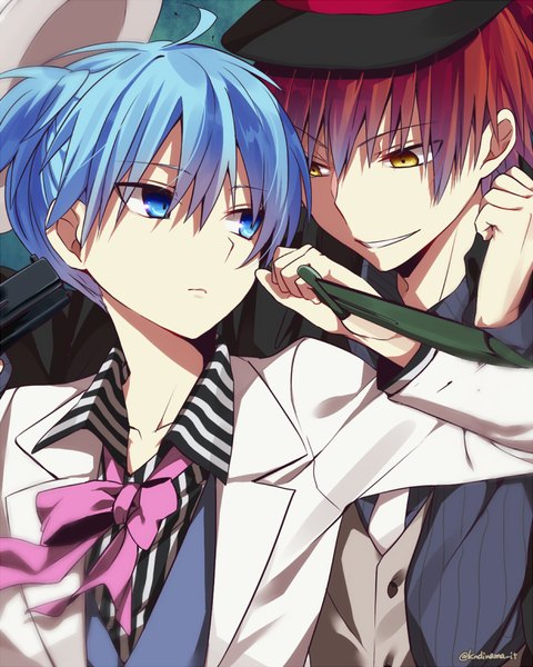 Anime picture 716x896 with ansatsu kyoushitsu shiota nagisa akabane karma hi-ma tall image fringe short hair blue eyes smile twintails holding yellow eyes blue hair looking away ahoge red hair looking back arm up multiple boys short twintails