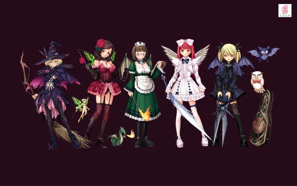 Anime picture 1920x1200 with deathsmiles casper windia (deathsmiles) follet roza sakyura highres short hair simple background blonde hair red eyes brown hair wide image twintails red hair maid wallpaper angel wings lolita fashion witch