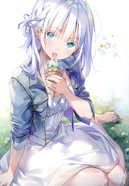 Anime picture 2292x3300 with original dsmile single long hair tall image looking at viewer blush fringe highres blue eyes simple background white background sitting holding white hair blunt bangs braid (braids) nail polish head tilt barefoot
