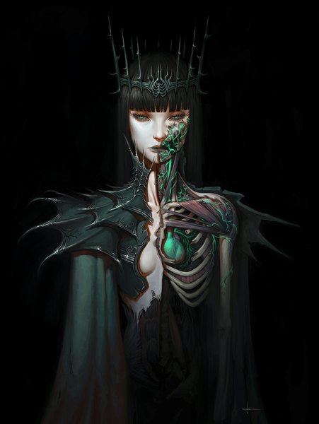 Anime picture 828x1100 with adriandadich single long hair tall image looking at viewer fringe light erotic black hair standing green hair black background portrait skeleton abstract girl cloak crown