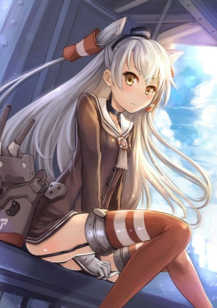 Anime picture 744x1053 with kantai collection amatsukaze destroyer rensouhou-kun ks single long hair tall image looking at viewer blush sitting yellow eyes sky cloud (clouds) white hair loli two side up girl thighhighs hair ornament weapon