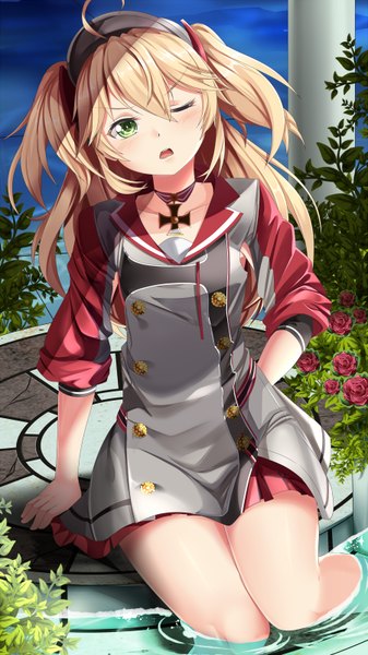 Anime picture 899x1600 with azur lane admiral hipper (azur lane) yasume yukito single long hair tall image looking at viewer blush fringe breasts open mouth blonde hair hair between eyes sitting green eyes sky cloud (clouds) ahoge outdoors head tilt