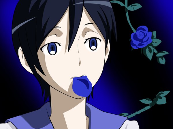 Anime picture 2000x1495 with blood+ production i.g otonashi saya single highres short hair blue eyes black hair simple background mouth hold girl flower (flowers) petals blue rose