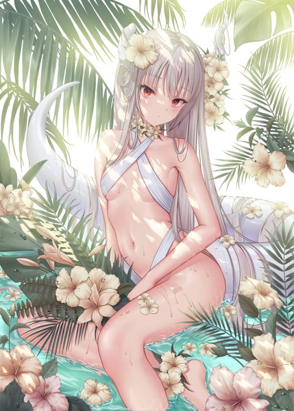 Anime picture 1920x2688 with original romi dajung single tall image looking at viewer blush fringe highres breasts light erotic sitting brown eyes silver hair bent knee (knees) outdoors tail blunt bangs very long hair head tilt barefoot