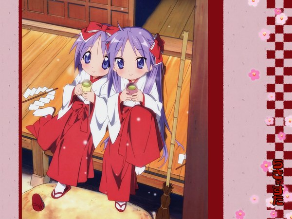 Anime picture 1600x1200 with lucky star kyoto animation hiiragi kagami hiiragi tsukasa japanese clothes miko girl