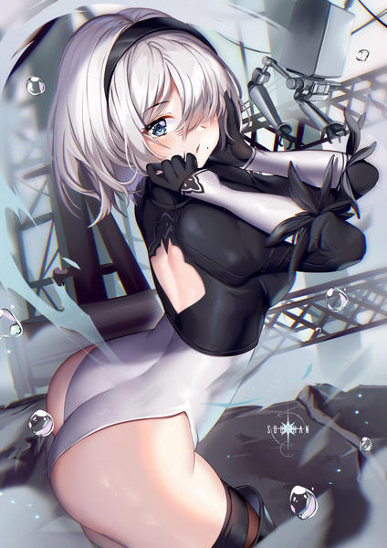 Anime picture 884x1250 with nier nier:automata yorha no. 2 type b pod (nier:automata) squchan single tall image looking at viewer blush fringe short hair breasts open mouth blue eyes light erotic standing signed silver hair ass from behind
