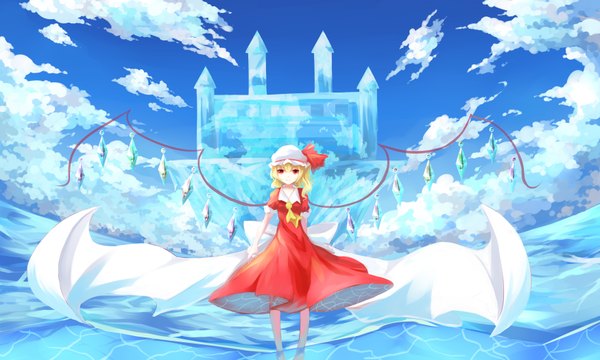 Anime picture 7000x4200 with touhou flandre scarlet .l.l single looking at viewer highres short hair blonde hair red eyes wide image absurdres sky cloud (clouds) girl dress wings bonnet crystal castle