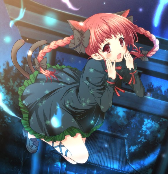 Anime picture 1600x1652 with touhou kaenbyou rin tall image blush red eyes animal ears pink hair braid (braids) cat ears cat tail twin braids extra ears girl dress bow