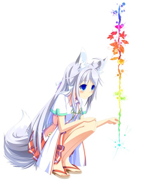 Anime picture 1000x1200 with original aki akatsuki single long hair tall image blue eyes white background silver hair ahoge fox ears fox tail fox girl girl
