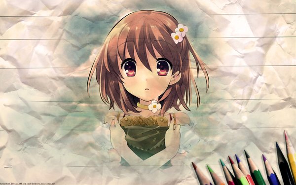 Anime picture 1920x1200 with flyable heart inaba yui itou noiji highres brown hair wide image hair flower texture girl hair ornament collar pen