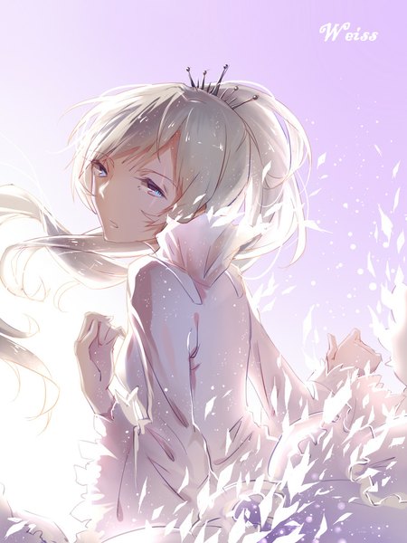 Anime picture 800x1067 with rwby rooster teeth weiss schnee a luo single tall image looking at viewer blush open mouth blue eyes white hair ponytail looking back character names turning head undressing weightlessness girl hair ornament