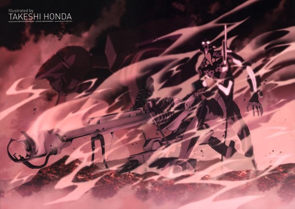 Anime picture 4983x3531 with neon genesis evangelion gainax highres absurdres inscription smoke weapon huge weapon monster robot mecha