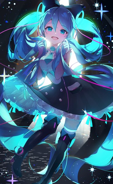 Anime picture 2894x4704 with vocaloid magical mirai (vocaloid) hatsune miku magical mirai miku magical mirai miku (2016) kamatoyu single tall image looking at viewer fringe highres open mouth hair between eyes twintails very long hair :d aqua eyes aqua hair holding hair girl