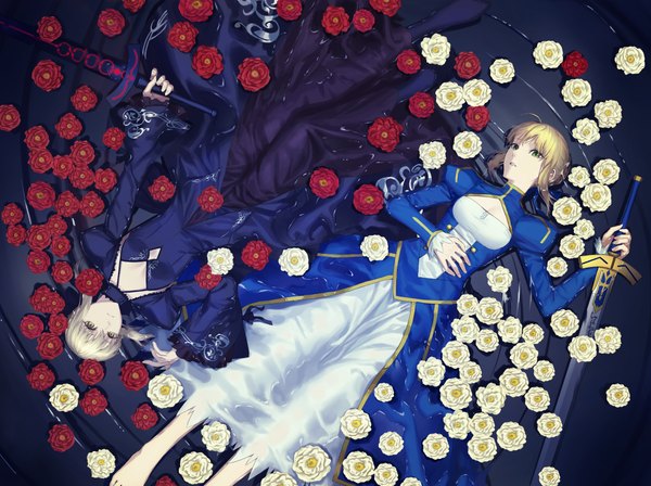 Anime picture 2060x1539 with fate (series) fate/stay night artoria pendragon (all) saber saber alter zonotaida fringe highres short hair breasts blonde hair multiple girls holding green eyes yellow eyes payot full body bent knee (knees) lying blunt bangs