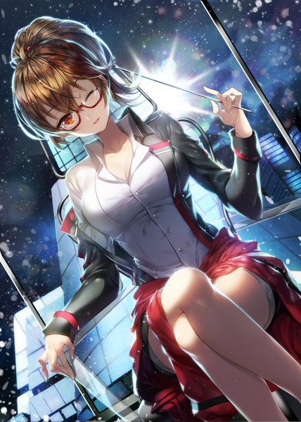 Anime picture 800x1120 with soul worker tagme (character) aile (crossroads) single tall image looking at viewer blush fringe short hair breasts light erotic hair between eyes red eyes brown hair large breasts sitting holding cleavage ponytail long sleeves