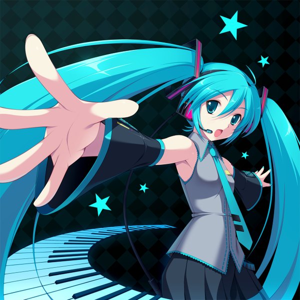 Anime picture 1300x1300 with vocaloid hatsune miku cygnus (artist) single long hair open mouth twintails nail polish pleated skirt aqua eyes aqua hair spread arms checkered background girl ribbon (ribbons) hair ribbon detached sleeves necktie headphones star (symbol)