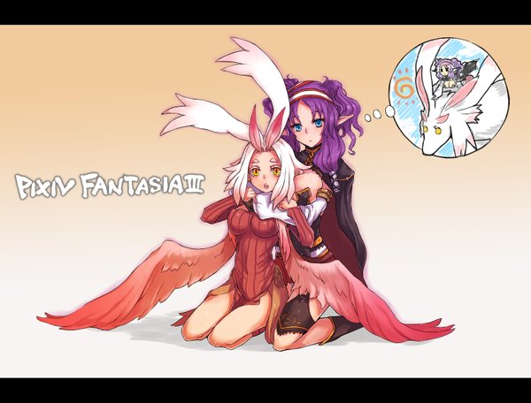 Anime picture 1500x1142 with pixiv fantasia pixiv fantasia iii kara (color) looking at viewer blush short hair open mouth blue eyes light erotic simple background multiple girls yellow eyes purple hair white hair pointy ears legs hug girl 2 girls wings