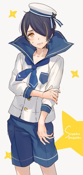 Anime picture 645x1359 with ensemble stars! sengoku shinobu kippu single tall image looking at viewer blush fringe short hair open mouth black hair simple background yellow eyes multicolored hair hair over one eye grey background two-tone hair streaked hair character names boy
