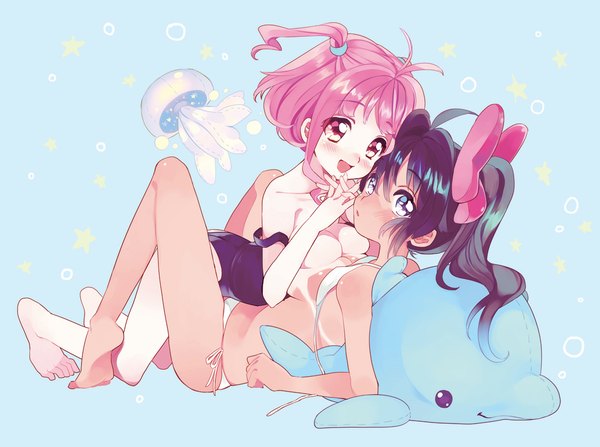 Anime picture 1000x745 with original amezawa koma long hair looking at viewer blush short hair breasts open mouth blue eyes light erotic black hair twintails multiple girls pink hair ahoge legs short twintails blue background yuri girl on top