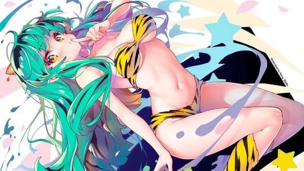 Anime picture 3840x2160 with urusei yatsura lum hong (white spider) single long hair looking at viewer blush fringe highres breasts light erotic wide image large breasts yellow eyes absurdres green hair dutch angle finger to mouth animal print tiger print
