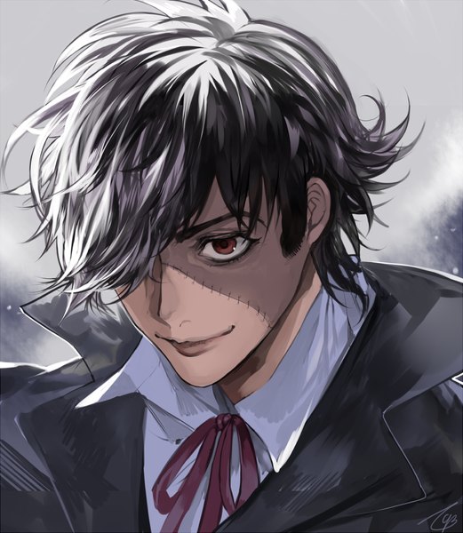 Anime picture 900x1035 with black jack hazama kuroo tcb (pixiv) single tall image fringe smile red eyes signed looking away multicolored hair lips hair over one eye two-tone hair scar eyebrows boy ribbon (ribbons) shirt white shirt