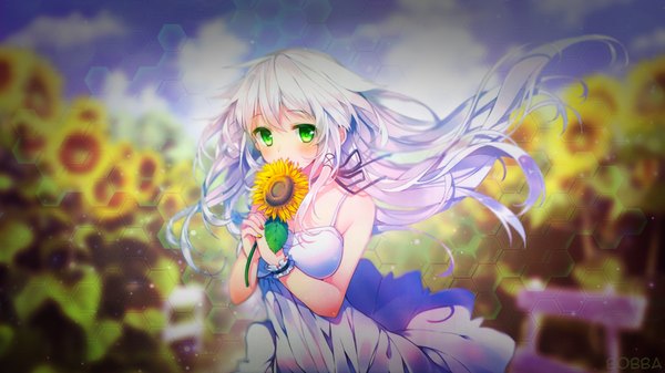 Anime picture 1920x1080 with original anceril sacred mishima kurone bobba single long hair looking at viewer blush highres wide image bare shoulders holding green eyes signed silver hair upper body nail polish wind wallpaper covering
