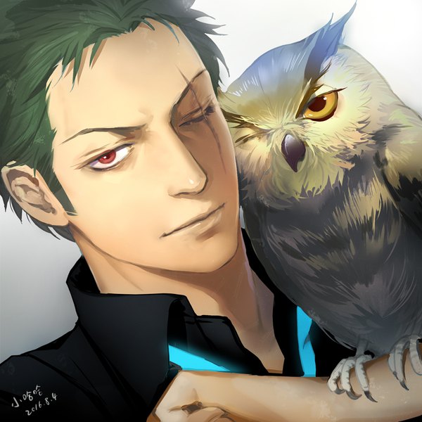 Anime picture 900x900 with one piece toei animation roronoa zoro vovo single looking at viewer short hair red eyes holding signed yellow eyes one eye closed green hair light smile gradient background dated portrait scar bird on hand 2016