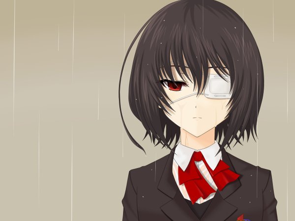 Anime picture 2560x1920 with another p.a. works misaki mei single looking at viewer highres short hair black hair red eyes wallpaper portrait rain sad girl uniform ribbon (ribbons) school uniform