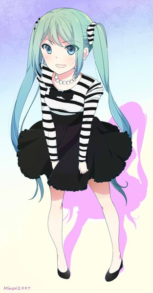 Anime picture 1700x3250 with vocaloid hatsune miku sunnypoppy single long hair tall image looking at viewer fringe breasts simple background twintails signed payot full body long sleeves aqua eyes from above aqua hair shadow alternate costume