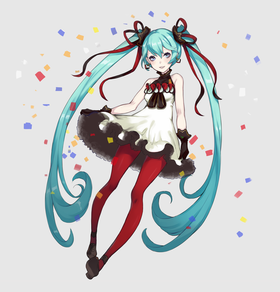 Anime picture 1200x1252 with vocaloid hatsune miku yuu (higashi no penguin) single tall image looking at viewer fringe blue eyes simple background smile hair between eyes full body very long hair aqua hair grey background sleeveless girl dress gloves ribbon (ribbons)