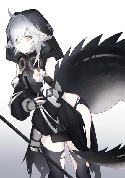 Anime picture 2039x2894 with arknights tomimi (arknights) pappap single tall image looking at viewer highres short hair light erotic yellow eyes silver hair tail animal tail pointy ears gradient background crocodilian tail girl hood