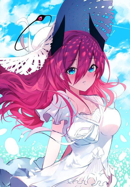 Anime picture 1427x2048 with original w (w64851564) single long hair tall image looking at viewer blush fringe breasts blue eyes hair between eyes standing payot sky cloud (clouds) outdoors red hair parted lips horn (horns) wind