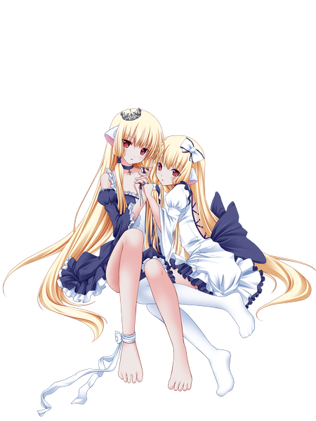 Anime picture 2304x3072 with chobits chii freya nana mikoto wata (akawata) long hair tall image looking at viewer highres blonde hair red eyes multiple girls barefoot transparent background girl thighhighs dress ribbon (ribbons) bow 2 girls