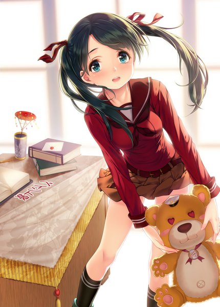 Anime picture 723x1008 with kantai collection mikuma heavy cruiser paint musume single long hair tall image looking at viewer open mouth blue eyes black hair twintails girl skirt ribbon (ribbons) hair ribbon miniskirt socks black socks toy stuffed animal