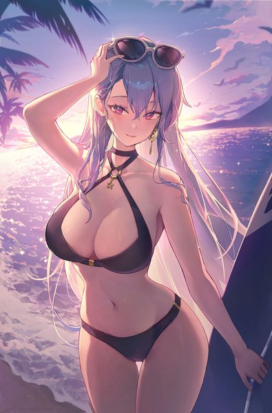 Anime picture 1200x1824 with original ttosom single long hair tall image looking at viewer fringe breasts light erotic hair between eyes large breasts holding blue hair sky cleavage cloud (clouds) outdoors pink eyes light smile sparkle