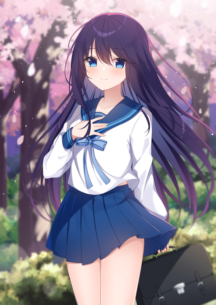 Anime picture 1736x2456 with original taiyaki (astre) single long hair tall image looking at viewer fringe highres blue eyes smile hair between eyes purple hair outdoors pleated skirt wind cherry blossoms hand on chest spring girl skirt