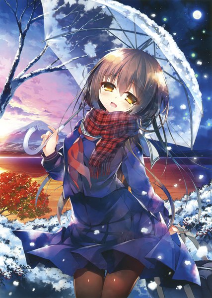Anime picture 2133x3000 with original eshi 100-nin ten nanaka mai single long hair tall image looking at viewer blush fringe highres open mouth hair between eyes brown hair standing holding yellow eyes sky outdoors head tilt pleated skirt