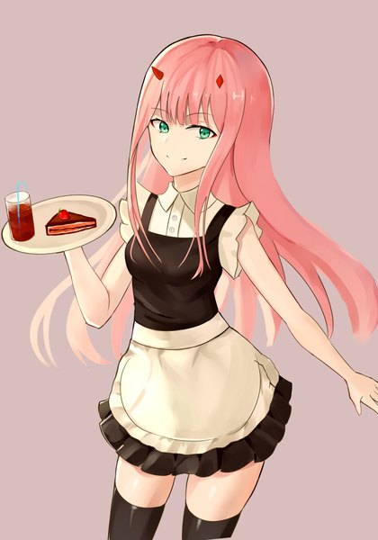 Anime picture 1400x2000 with darling in the franxx studio trigger zero two (darling in the franxx) april cho single long hair tall image looking at viewer fringe simple background smile hair between eyes green eyes pink hair blunt bangs horn (horns) short sleeves maid alternate costume zettai ryouiki
