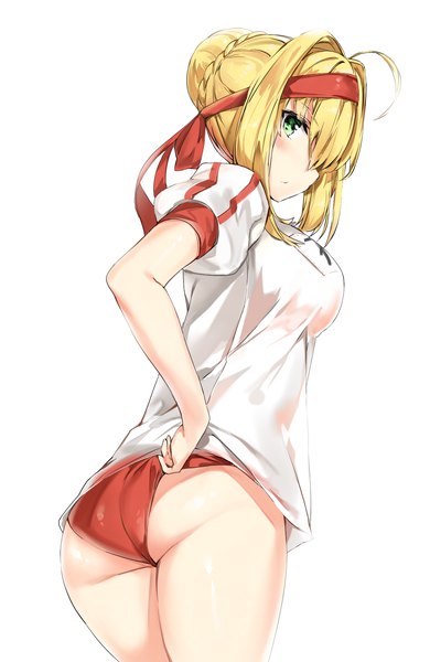 Anime picture 1300x2000 with fate (series) fate/grand order nero claudius (fate) (all) nero claudius (fate) silver (chenwen) single tall image looking at viewer blush short hair breasts light erotic simple background blonde hair standing white background green eyes ahoge ass braid (braids)