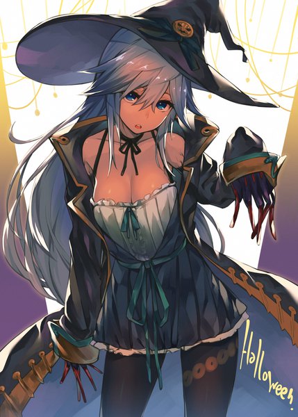 Anime-Bild 1480x2071 mit original akanagi youto single long hair tall image looking at viewer fringe breasts open mouth blue eyes light erotic hair between eyes large breasts payot cleavage head tilt grey hair open clothes sleeves past wrists halloween