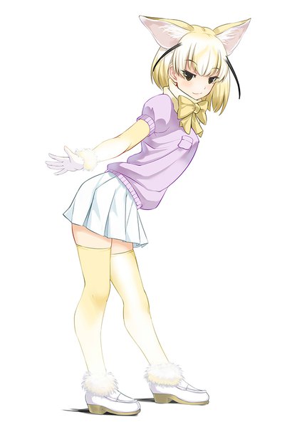 Anime picture 707x1000 with kemono friends fennec (kemono friends) marubonman single tall image looking at viewer blush fringe short hair simple background blonde hair white background brown eyes animal ears full body pleated skirt leaning zettai ryouiki leaning forward fur trim
