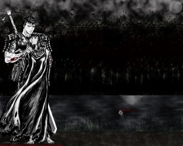 Anime picture 1280x1024 with berserk guts casca short hair barefoot girl boy armor blood cloak huge weapon huge sword