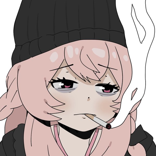 Anime picture 1200x1200 with virtual youtuber phase connect pipkin pippa fridge (artist) single long hair blush fringe simple background white background holding looking away pink hair braid (braids) pink eyes mouth hold portrait side braid smoke smoking