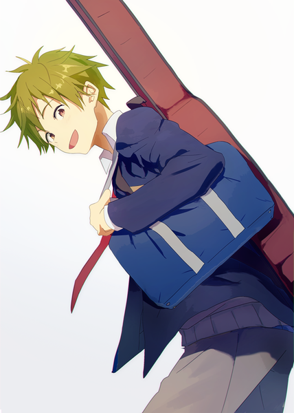Anime picture 600x840 with idolmaster idolmaster side-m akiyama hayato map (map imas) single tall image looking at viewer short hair open mouth simple background white background pink eyes green hair leaning leaning forward boy uniform school uniform school bag instrument case