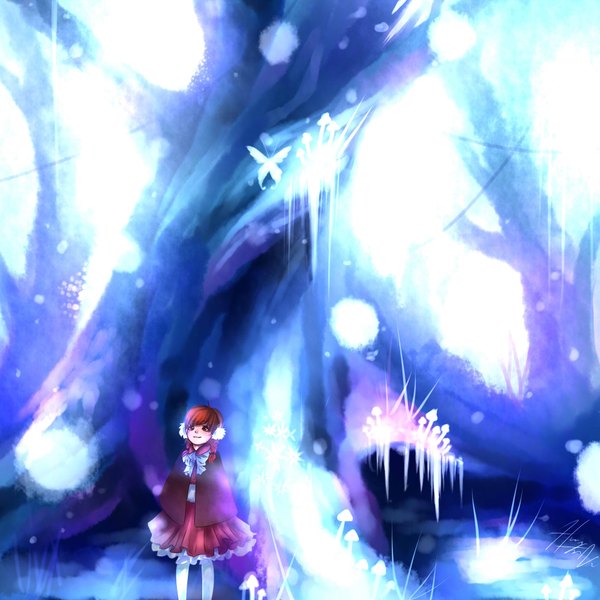 Anime picture 2000x2000 with original sushi-master901 single highres short hair brown eyes red hair braid (braids) light smile twin braids snowing looking up winter girl dress plant (plants) tree (trees) insect butterfly earmuffs