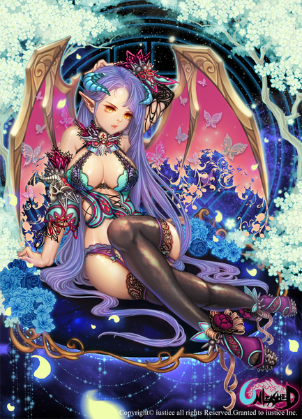 Anime picture 621x860 with unleashed shallua single tall image breasts light erotic large breasts yellow eyes purple hair very long hair horn (horns) pointy ears demon girl succubus girl thighhighs black thighhighs garter straps
